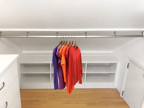 How to Organize a Closet with a Slanted Ceiling for Maximum Storage Slanted Closet Ideas, Attic Closet Ideas Angled Ceilings, Closet With Slanted Ceiling, Angled Ceiling Closet, Slanted Ceiling Closet, Attic Closet Ideas, Organize A Closet, Loft Closet, Adjustable Closet System