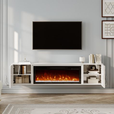 Indoor Electric Fireplace Ideas, Fireplace Tv Stand Modern, Floating Fireplace Tv Stand, Tv Stand With Fireplace Living Rooms, Tv Fireplace Wall Ideas Mounted Tv, Electric Fireplace Ideas With Tv Diy, Wall Mounted Electric Fireplace Ideas, Wall Mounted Tv Ideas Living Rooms, Mounted Tv Stand