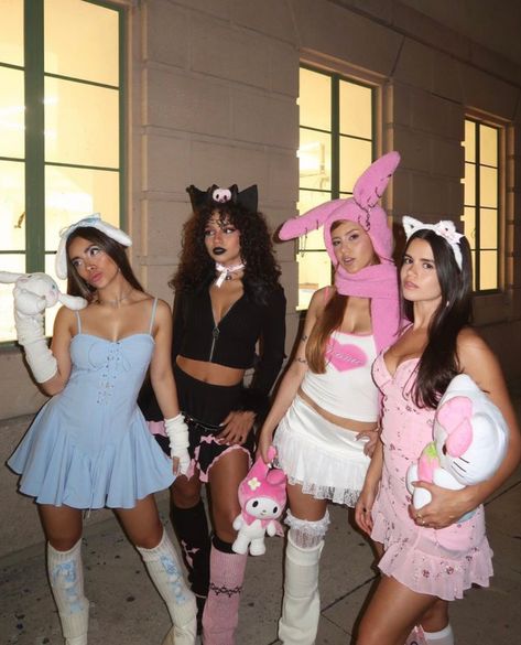 4 Halloween Costumes Friends, Hello Kitty Cosplay Outfit, Rave Duo Outfits, Costume Group Of 4, Sanrio Rave Outfit, Halloween Costumes Hello Kitty, Sanrio Halloween Costume, Iconic Trios Female, Sanrio Costumes