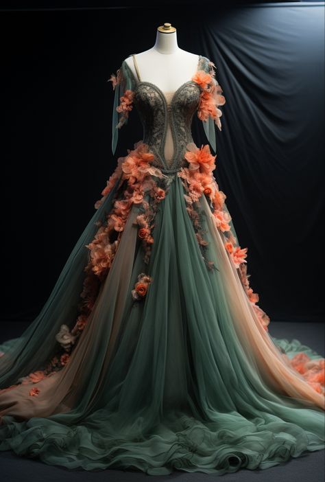 This is an AI generated photo for my DND fantasy fashion. Designs are to help build the world. The Garden Of Time Dress, Garden Of Time Dress, Dark Fantasy Gown, Fantasy Ball Gowns, Masquerade Gowns, Starfall Ball, Fairy Ball, Autumn Court, Ethereal Fashion