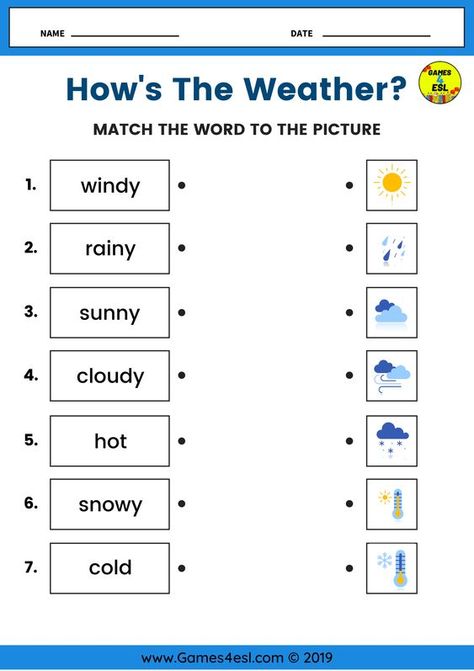 Teach the weather with this fun matching worksheet! This weather worksheet for beginners asks students to connect the weather vocabulary to the correct weather picture. Weather Esl, Esl Worksheets For Beginners, Weather For Kids, Weather Activities For Kids, Weather Worksheets, Weather Vocabulary, Teach English To Kids, English Grammar For Kids, Weather Words