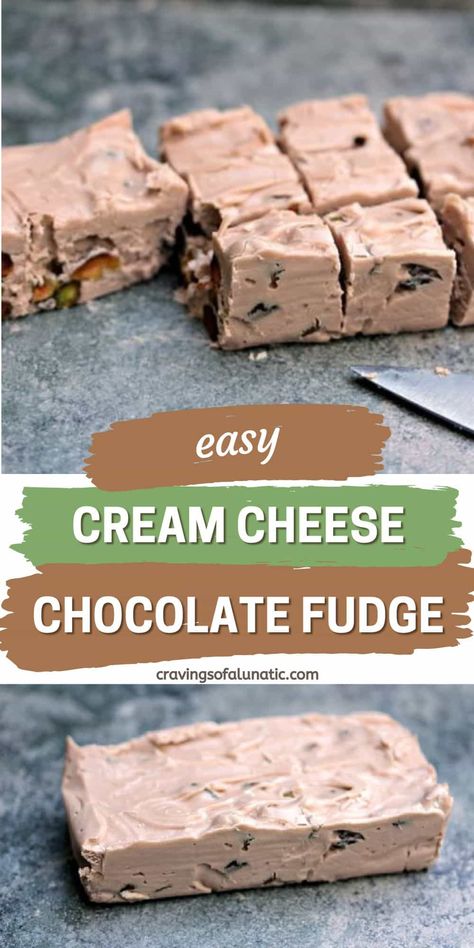 This Cream Cheese Chocolate Fudge with Pistachios is so easy to make and the flavor is out of this world. It's perfect fudge for holidays! Cheesecake Fudge Recipe, Cream Cheese Fudge Recipe, Pistachio Fudge Recipe, Fudge With Marshmallow Cream, Marshmallow Fluff Frosting, Gourmet Fudge, Candied Pecans Recipe, Fall Eats, Easy Chocolate Fudge