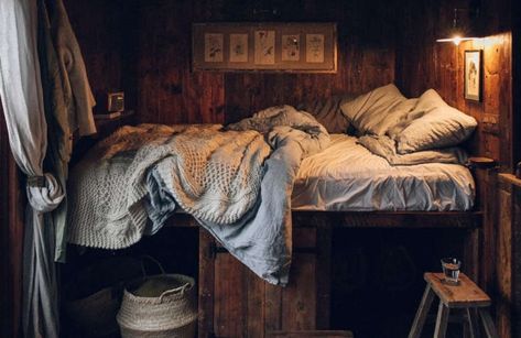 Tired Tired Sea, Carriage Bed, Dark Nautical, Cosy Bathroom, Reclaimed Wood Paneling, Nautical Aesthetic, Lakeside Cabin, Lit King Size, Lighthouse Keeper