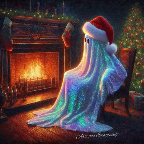 Christmas Ghost Painting, Yuletide Aesthetic, Spooky Christmas Aesthetic, Witchy Backgrounds, Cutesy Halloween, Ghost Paintings, Horror Christmas, Drawing Halloween, Spirit Ghost