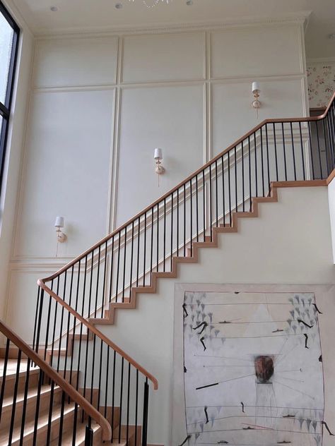 Picture Molding Staircase, Wall Molding Staircase, Stairway Millwork, Staircase Wall Paneling, Stair Wall Paneling, Accent Staircase Wall, Staircase Moulding, Stair Accent Wall, Stair Moulding