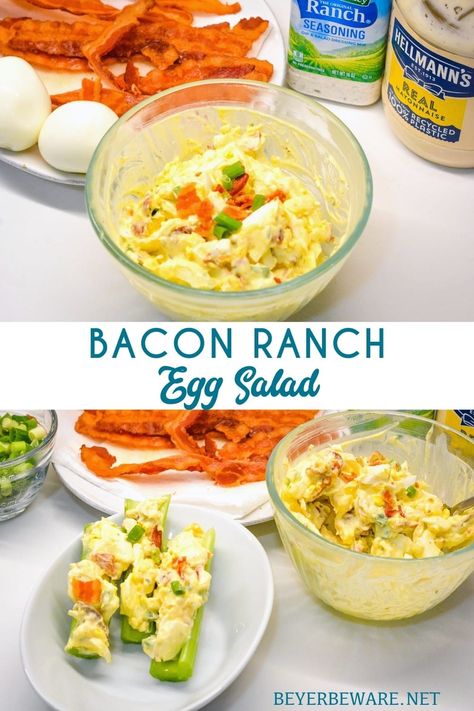 Bacon Ranch Egg Salad is a low-carb and keto egg salad recipe made with base ingredients of hard-boiled eggs, bacon, mayonnaise, and ranch seasoning and can be doctored up with the addition of items like green onions, cheese, and avocados. Ranch Egg Salad, Keto Egg Salad Recipe, Egg Salad Recipe With Relish, Keto Egg Salad, Egg Salad Recipe Healthy, Vsg Recipes, Bacon Seasoning, Celery Recipes, Bacon Salad