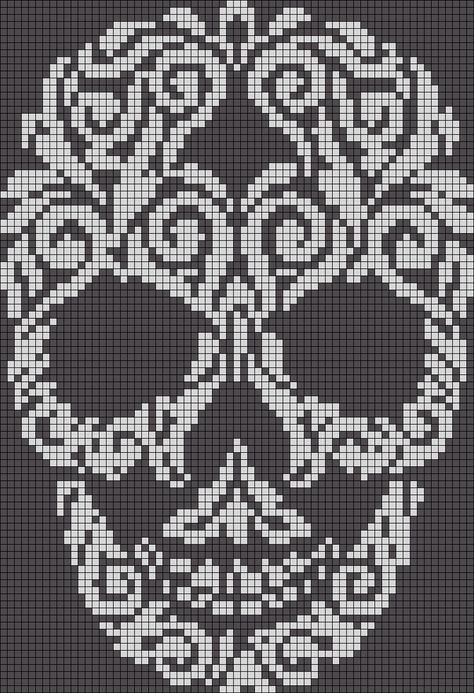 Alpha Pattern #19809 Preview added by toribug11                                                                                                                                                                                 More Cross Stitch Skull, Crochet Skull, Fillet Crochet, Halloween Cross Stitches, Pola Kristik, Pola Sulam, Crochet Tapestry, Crochet Diagram, Alpha Pattern