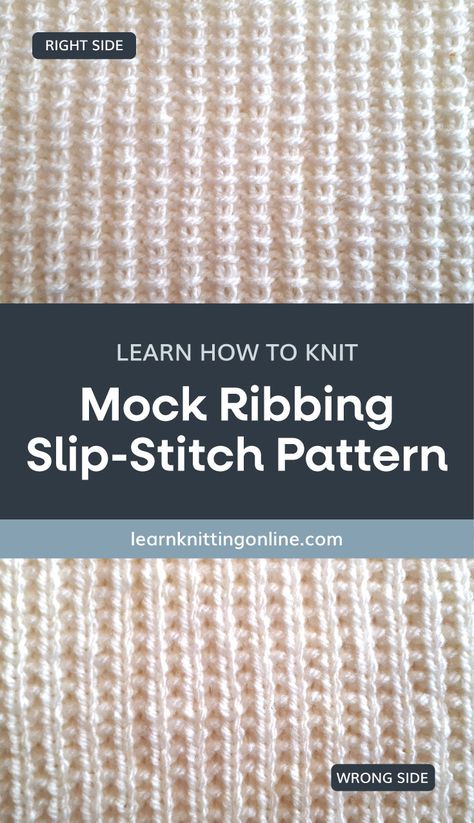 Ribbing Knitting Pattern, Rice Stitch Knitting, Easy Knit Stitches For Beginners, Thermal Knit Stitch, Knitting Slip Stitch Patterns, Knit Slip Stitch Patterns, Beginning Knitting Patterns Free, Broken Rib Stitch Knitting, Slip Stitch Knitting Patterns Free