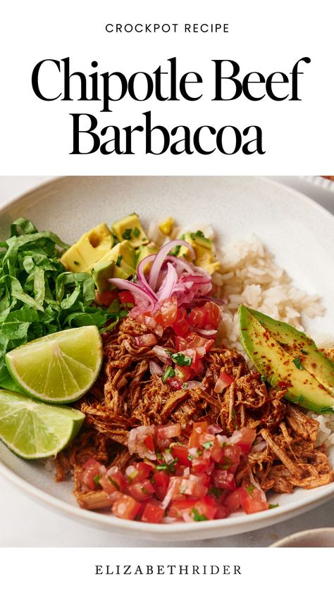 Make this flavorful and tender Chipotle Barbacoa at home! Perfect for tacos, burrito bowls, or meal prep, this slow-cooked shredded beef is infused with smoky chipotle, garlic, and lime. It's a must-try recipe for Mexican food lovers looking to elevate their meals. Save this pin for your next dinner inspiration! Carnitas Meals, Shredded Beef Burrito Bowl, Chipotle Barbacoa Recipe, Chipotle Bowls, Chipotle Barbacoa, Crockpot Pot Roast, Beef Barbacoa, Slow Cooker Barbacoa, Chipotle Recipes