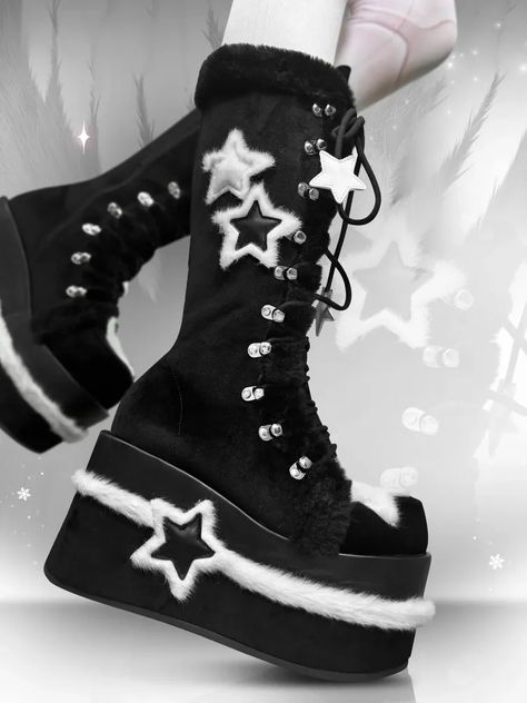 Fleece Star Patches Winter Black Platform Boots Black Platform Lace Up Boots, Winter Shoes Cute, Shoes Cute Aesthetic, Shoe Styles 2024, Goth Outfits Platforms, Cute Platform Boots, Shoes Alt Platform Boots, Winter Boots Aesthetic, Star Inspired Outfits