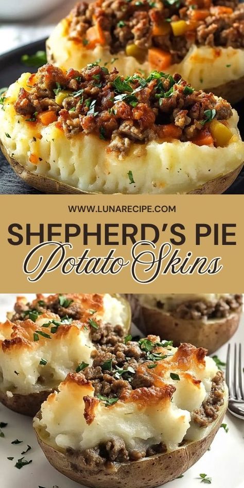 Bring a new twist to a classic dish with these Shepherd’s Pie Potato Skins! 🥔 Crispy potato skins stuffed with savory ground beef, veggies, and topped with creamy mashed potatoes, baked to golden perfection. 🧀 Perfect for parties, game day, or a cozy dinner, these stuffed potato skins are comfort food at its best. Save this Pin and enjoy a bite-sized version of shepherd's pie! Click for the full recipe and make them today! #ShepherdsPie #PotatoSkins #ComfortFood #AppetizerIdeas #GameDaySnacks Mashed Potatoes Baked, Stuffed Potato Skins, Crispy Potato Skins, Stuffed Potato, Potatoes Baked, Shepherds Pie Recipe, Game Day Snacks, Shepherd's Pie, Potato Skins