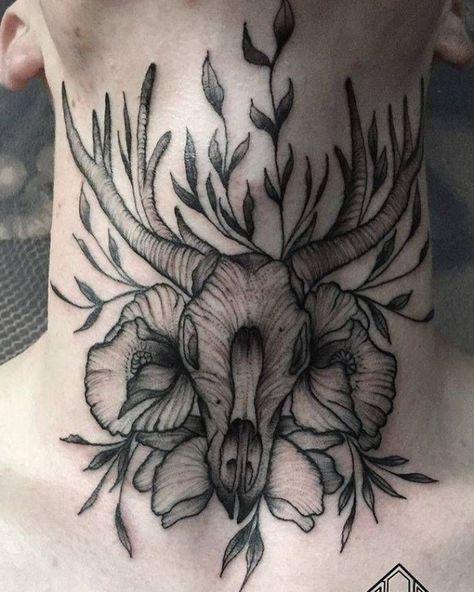 Deer Skull Tattoo, Skull Tattoos For Men, Med Tech, Deer Skull, Skull Tattoos, Neck Tattoo, Tattoos For Men, Tattoo On, Blackwork