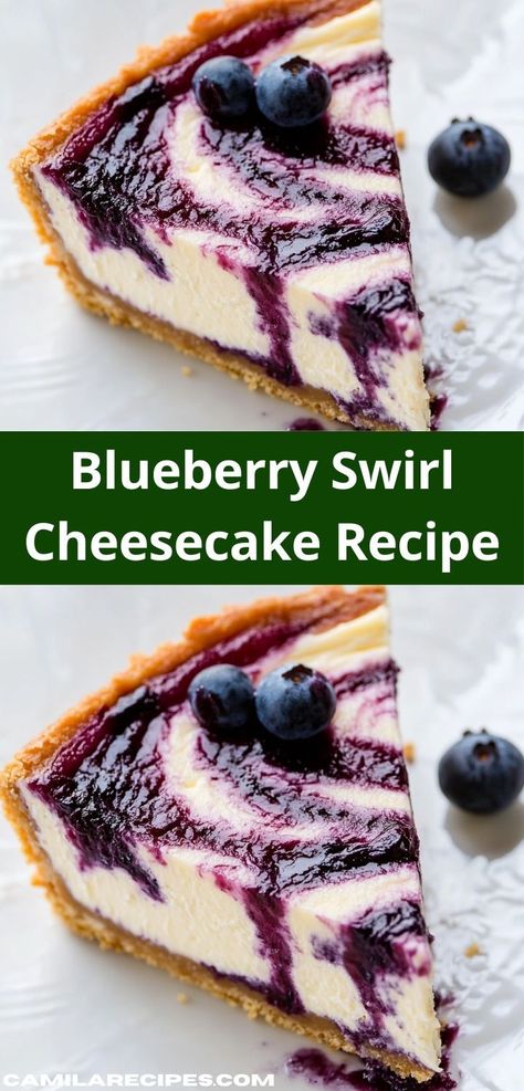 Searching for a crowd-pleaser? Discover this Blueberry Swirl Cheesecake, featuring a rich, velvety filling and a tangy blueberry swirl. It’s a simple dessert recipe that brings joy to any occasion. Cheesecake With Blueberry Sauce, Blueberry Swirl Cheesecake, Unique Recipes Desserts, Easy Dessert Idea, Easy Impressive Dessert, Blueberry Cheesecake Recipe, Swirl Cheesecake, Blueberry Topping, Impressive Desserts