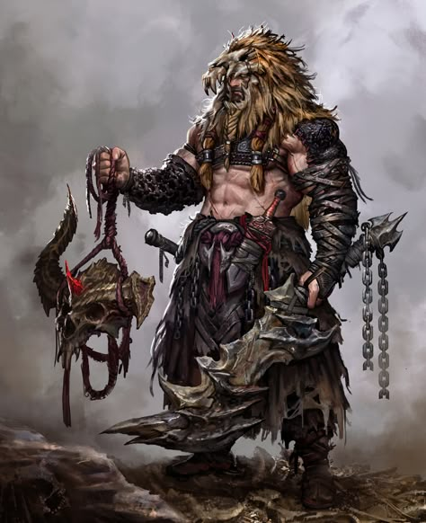 Leonin Barbarian, Barbarian Character Design Male, Barbarian Armor, Bone Armor, Barbarian King, Viking Character, Lion Sketch, Dungeon Master's Guide, Warrior Art