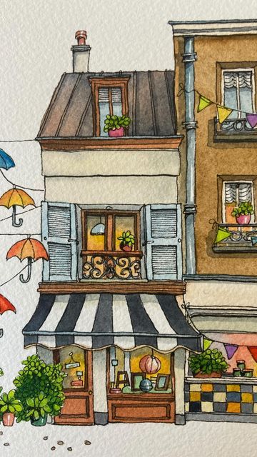 Astrid | Urban Anna Studio on Instagram: "The Urban Paris watercolor painting NEW coloring page is now available on Etsy and 🖼️ Art Prints are for sale on Redbubble because the original is sold and on its way to Australia 🤗 . . . . #watercolorillustration #shopfrontillustration #shopfronts #soothingvideo #coloringtherapy #arttutorial #artreel #artvideo #watercolortutorial #coloringtutorial #coloring #coloringpage #coloringpages #coloringbook #street #houses #paris #parisstreet" Urban Watercolor Paintings, Cute Buildings Drawing, Architecture Drawing Color, Watercolor Urban Sketching, Watercolor Storefronts, Watercolor Buildings Easy, Urban Anna, Watercolour Street, Watercolor Paintings Ideas