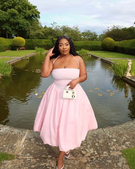 S H A N | graceful & grateful | Instagram Chic Pink Flowy Puff Sleeve Dress, Elegant Pink Puff Sleeve Dress For Brunch, Feminine Pink Puff Sleeve Dress For Brunch, Black Femininity Soft Girl, Princess Core Black Women, Powder Pink Dress, Puffball Dress, Sisterhood Ideas, Black Wedding Hairstyles