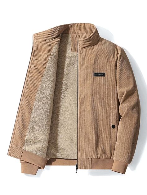 Manfinity Homme Men Letter Patched Detail Teddy Lined Corduroy Jacket | SHEIN USA Pola Jaket, Windbreaker Fashion, Plus Size Workwear, Outdoor Coats, Corduroy Coat, Mens Jackets Casual, Mens Windbreaker, Men Plus Size, Winter Jacket Men