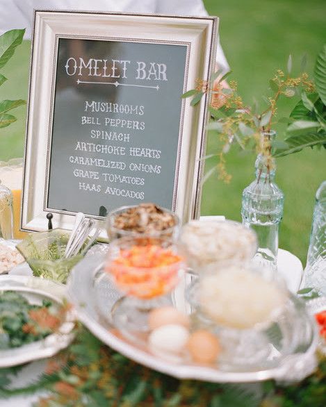 Omelet Station Food Bar - An omelet station—like this one by Trumpet Vine Catering—is another foolproof brunch option. #weddingbars #weddingfood #weddingfoodbars #weddingreception | Martha Stewart Weddings - 23 Delicious Food Bars for Your Wedding Breakfast For Dinner Wedding, Omelette Bar, Wedding Brunch, Breakfast Party, Reception Food, Food Stations, Dinner Wedding, Brunch Wedding, Breakfast Buffet