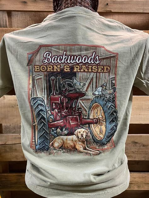 Backwoods Born & Raised Tractor Dog Comfort Colors Bright Unisex T Shirt Available in sizes Adult S-3X Picture is of the back of the shirt, Front of the shirt has backwoods logo Backwoods Logo, Southern Fits, Deer Shirts, Western Jackets, Country Fits, Country Clothes, Western Fits, Country Photography, Casual Country Outfits