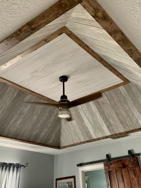 Wood Detail On Ceiling, V Board Ceiling, Pyramid Ceiling Design, Shiplap Cathedral Ceiling, Drop Ceiling Makeover, Ceiling Makeover, Shiplap Wallpaper, Vaulted Ceiling Bedroom, Vaulted Ceiling Ideas