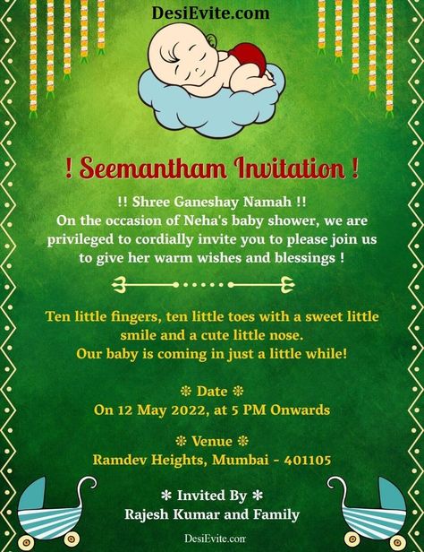 Baby seemantham Seemantham Invitation Card, Valaikappu Invitation, Indian Baby Shower Invitations, Baby Shower Invitation Message, Babby Shower, Online Baby Shower Invites, Free Baby Shower Invitations, Indian Baby Showers, Online Baby Shower