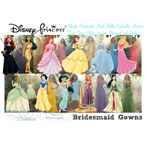 Disney Princess Bridesmaid Gowns by Alfred Angelo by bethan-amy-jones on Polyvore featuring polyvore, fashion, style, Angelo, Disney, Merida, clothing and disney Disney Bridesmaids Dresses, Disney Bridesmaid Dresses, Disney Princess Bridesmaids, Quinceanera Decor, Disney Bridesmaids, Dawn Wedding, Disney Merida, Disney Wedding Rings, Disney Princess Wedding