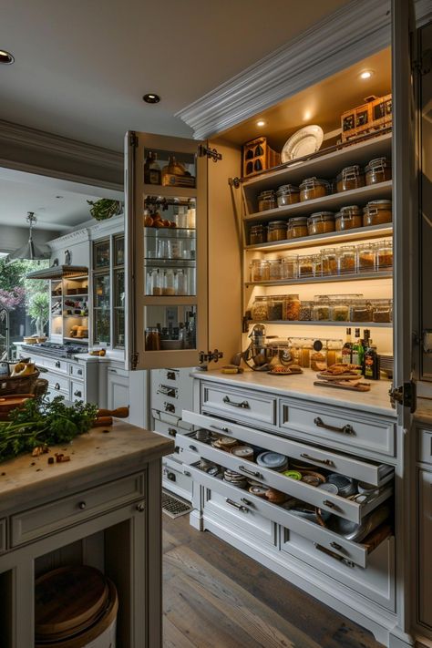 Beautiful Kitchen Garden, English Cottage Pantry, Kitchen And Pantry Layout, Diy Butlers Pantry, Luxury Homesteading, French Country Pantry, Beautiful Kitchens Luxury, Butlers Pantry Walk Through, Exposed Pantry