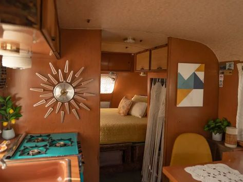 Woman driving around US in retro camper van with mid-century features Retro Camper Van, Vintage Motorhome, Woman Driving, Mid-century Interior, Vintage Camper Interior, Motorhome Interior, Vintage Camper Remodel, Mid Century Furnishings, Airstream Renovation