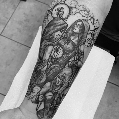 @dylansmith_ink The Fates, a fun start to a Greek mythos sleeve... #dylansmithink #engineerink #tattoo #darkart #blackwork #thefates #thefatestattoo #blxck #blxckwork #greekmythology #greekmythologytattoo Fates Tattoo, Fate Tattoo, Greece Tattoo, Arm Tattoos For Guys Forearm, Norse Mythology Tattoo, Gladiator Tattoo, The Fates, Greek Mythology Tattoos, Tattoo Reference