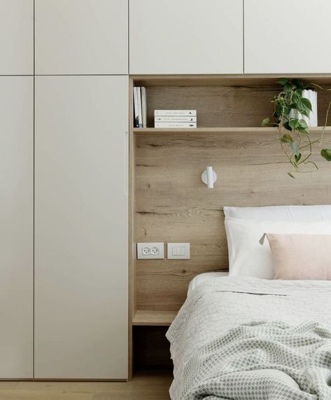 Wardrobe Beside Bed, Built In Wardrobe Around Bed, Built In Headboard Wall, Wardrobe Around Bed, Modern Bedroom Wardrobe Design, Wardrobe Behind Bed, Modern Bedroom Wardrobe, Wardrobe Laminate Design, Bedroom Built Ins