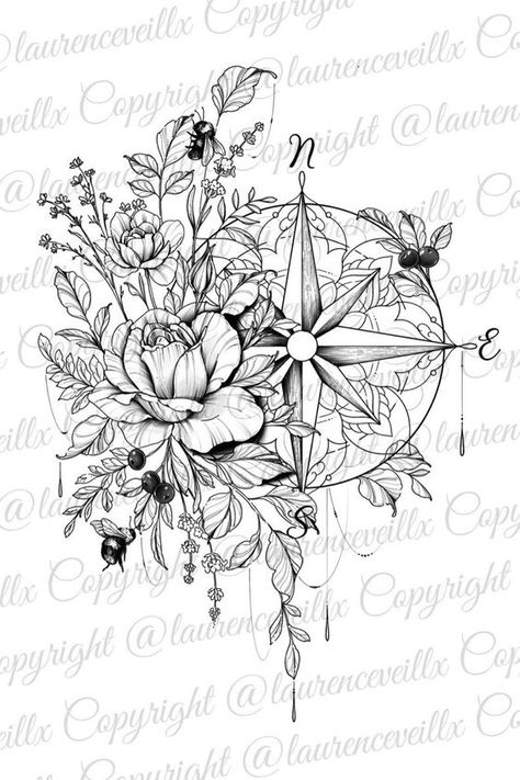 Tattoo Design | Compass Rose and Wildberries Flower Compass Tattoo Design, Compass Hip Tattoo, Female Compass Tattoo, Compass Tattoo With Flowers, Feminine Compass Tattoo Design, Compass Thigh Tattoo, Feminine Compass Tattoo, Tattoo Dream, Compass Tattoo Design