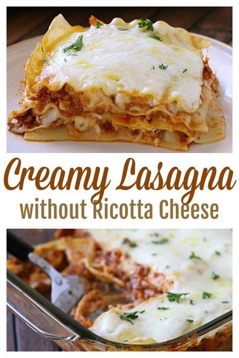 Love lasagna but don't love ricotta cheese? This Creamy Lasagna without Ricotta Cheese recipe is a must make!  There is a secret ingredient to get the perfect creamy texture for lasagna without ricotta cheese. Easy Lasagna Recipe Without Ricotta, Lasagna Recipe Without Ricotta Cheese, Lasagna Without Ricotta, Lasagna Without Ricotta Cheese, Best Homemade Lasagna, Creamy Lasagna, Lasagna Recipe Without Ricotta, Ricotta Cheese Recipe, Crock Pot Lasagna Recipe