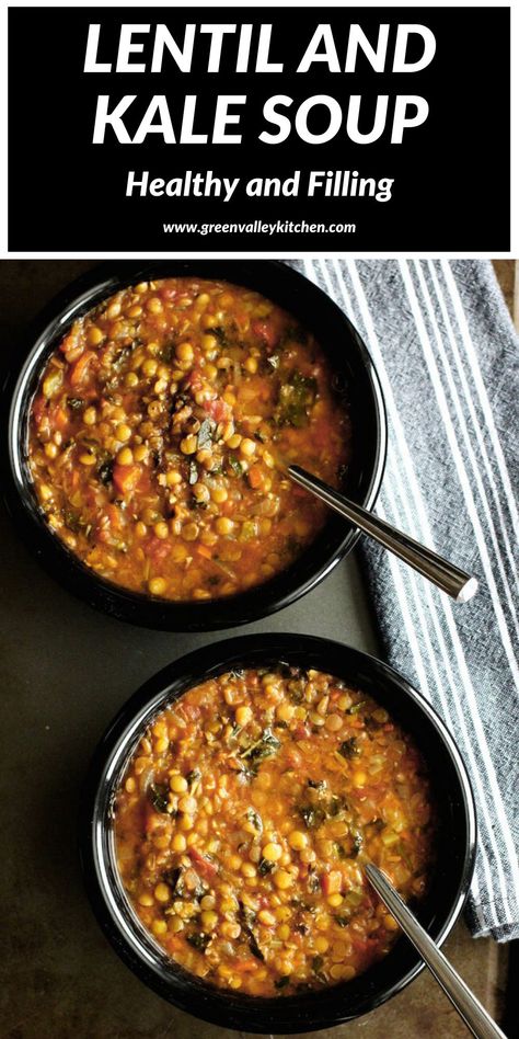 Lentil And Kale Soup, Kale Soup Vegan, Lentil Kale Soup, Lentil Kale, Healthy Vegetarian Lunch, Spicy Lentil Soup, Valley Kitchen, Kale Soup Recipes, Vegetarian Recipes Lunch