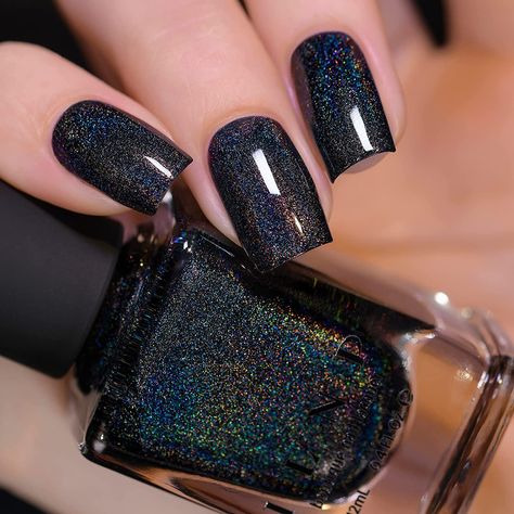 Dark Color Nails, Ilnp Nail Polish, Black Holographic, Magic Nails, Nail Shimmer, Black Nail Polish, Gel Nails Diy, Holographic Nail Polish, Dark Nails