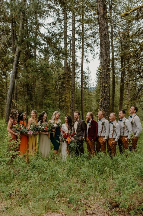 Woods Wedding Bridal Party, Bridesmaid Forest Wedding, Boho Wedding In The Woods, Fairy Forest Wedding Bridesmaids, Wild Flower Forest Wedding, Farm Wedding Bridal Party, Summer Earthy Wedding, Boho Chic Wedding Party, Woodland Boho Wedding