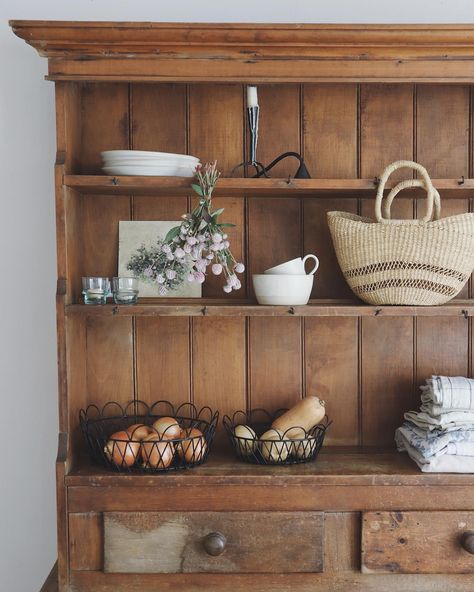 Styling the kitchen hutch today with pieces from @roaniris.co & dried flowers from my garden 🌾 (gifted pieces) Thrifted Kitchen Decor, Kitchen Hutch Ideas, Hutch Decorating Ideas, Hutch Styling, Hutch Decor, Kitchen Hutch, Kitchen Dresser, Sacred Spaces, Kitchen Display