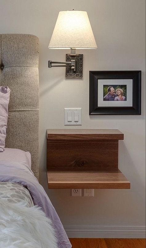 Wall Mounted Nightstand Farmhouse, Wall Mount Side Table Night Stands, Floating Shelves Side Of Bed, Wall Light Above Bed, Floating Bedside Table Diy, Bedside Shelf Ideas, Bed Side Shelf, Floating Bedside Shelf, Corner Table Living Room