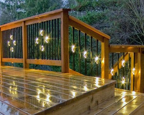 Top 60 Best Deck Lighting Ideas - Outdoor Illumination Outdoor Deck Lighting, Deck Railing Ideas, Deck Balusters, Deck Railing Design, Balcony Grill, Railing Ideas, Wooden Deck, Deck Railing, Cool Deck