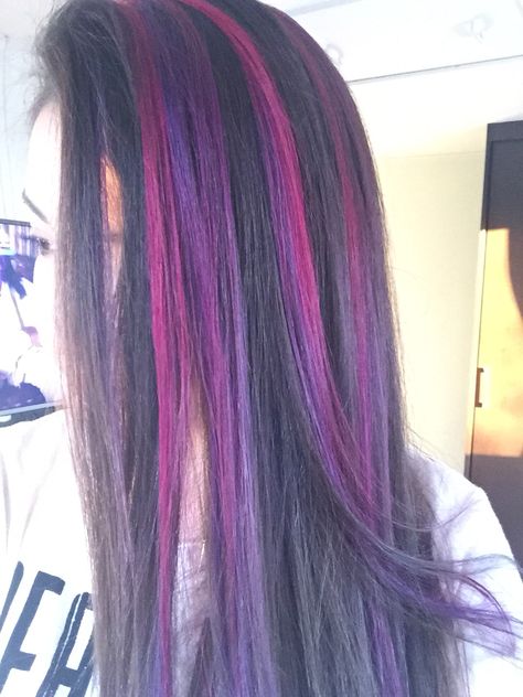 Black Hair With Pink And Purple Streaks, Twilight Sparkle Hair Color, Pink And Purple Highlights On Black Hair, Pink And Purple Skunk Stripe Hair, Black Pink And Purple Hair, Twilight Sparkle Hair Dye, Purple Stripes Hair, Pink And Purple Streaks, Purple Skunk Stripe Hair