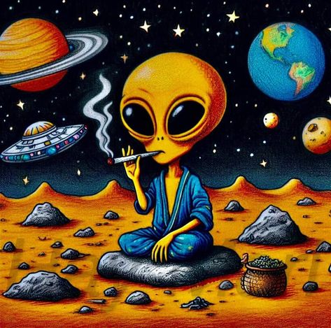 Beer Drawing, Moon Stars Art, Gorillas Art, Planet Drawing, Alien Artwork, Alien Drawings, Mushroom Pictures, Whimsical Art Paintings, Alien Aesthetic