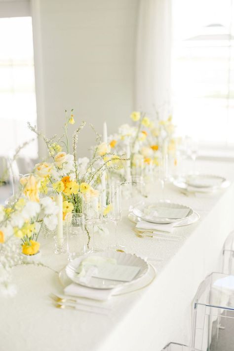 This dreamy tablescape is full of texture, modern touches and and warm yellows, creams and whites. Yellow Tablescape, Yellow White Wedding, Yellow Wedding Decorations, Yellow Wedding Theme, Yellow Wedding Flowers, Yellow Table, Yellow Theme, Candle Wrap, Bridal Table