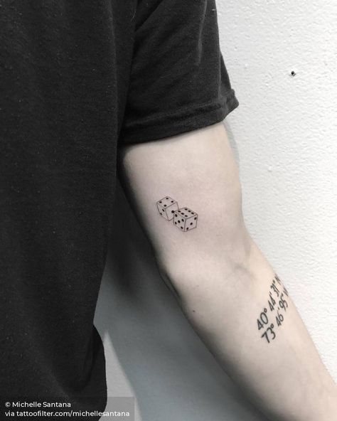 Fine line dice tattoo on the left inner arm. Dice Tattoo Meaning, Dice Tattoo Men Forearm, Two Dice Tattoo, Dice Tattoo Placement, 32 Tattoo Number, Dice Tattoo Women, Pair Of Dice Tattoo, Tiny Dice Tattoo, Red Dice Tattoo