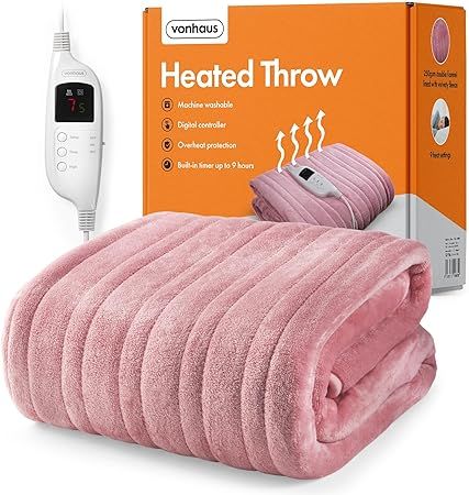 VonHaus Heated Throw Blanket – Electric Over Throw Fleece Blanket with Digital Control – Large Size 160 x 130cm, 9 Heat Settings, 9 Hour Timer, Safety Shut Off, Machine Washable, Soft Material (Pink) Electric Throw Blanket, Heated Throw, Electric Blanket, British Weather, Heated Blanket, Electric Blankets, Gift Box Packaging, Electric Heating, Fleece Blanket