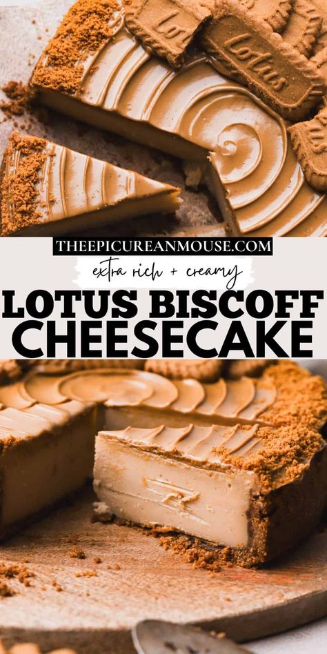 This decadent Lotus Cheesecake Recipe is made with a buttery Biscoff cookie crust and a silky smooth cookie butter cheesecake filling.  It's topped with a swirl of melted cookie butter and crunchy bits of Lotus cookies. Lotus Cheesecake Recipe, Cookie Butter Cheesecake, Biscoff Cookie Recipe, Lotus Biscoff Cheesecake, Lotus Cheesecake, Lotus Cookies, Biscoff Cheesecake, Biscoff Cookie Butter, Cheesecake Lovers