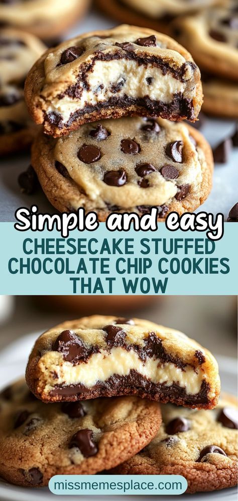 Indulge in the ultimate dessert experience with these cheesecake stuffed chocolate chip cookies! Each bite reveals a luscious cheesecake filling enveloped in soft, chewy cookie dough, creating a delightful contrast of flavors and textures. Perfect for gatherings, bake sales, or cozy family nights, this recipe is easily customizable with your favorite mix-ins. Get ready to impress your friends and family with these decadent treats that combine two beloved desserts in one delicious package! Packaged Cookie Dough Recipes, Pre Made Cookie Dough Recipes, Cheesecake Filled Cookies, Chocolate Cheesecake Cookies, Cheesecake Stuffed Cookies, Crumbl Cookie Recipes, Chocolate Chip Cookie Dough Recipe, Make Cheesecake, Stuffed Chocolate Chip Cookies