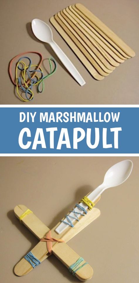 Looking for fun and easy indoor and outdoor activities for kids? This DIY craft catapult is made with cheap and simple supplies including popsicle sticks, rubber bands and a plastic spoon. It's perfect for shooting small lightweight items like marshmallows. Boys and girls both love this quick and easy craft project, and you probably already have the supplies on hand! A super fun and creative recycled activity for kids of all ages. #kidscrafts #kidsactivities #diy Catapult Craft, Easy Diy Crafts For Kids, Marshmallow Catapult, Scouting Activities, Catapult For Kids, Creative Crafts For Kids, Diy Catapult, Popsicle Stick Catapult, Diy Slingshot