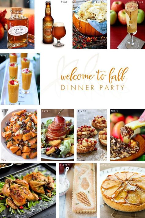 Welcome to Fall Dinner Party Menu! Throw the ultimate fall gathering this season… Welcome Fall Party, Autumn Dinner Party Recipes, Fall Dinner Menu, Potluck Themes, Autumn Dinner Party, Dinner Party Menu Ideas, Harvest Dinner Party, Party Menu Ideas, Harvest Dinner