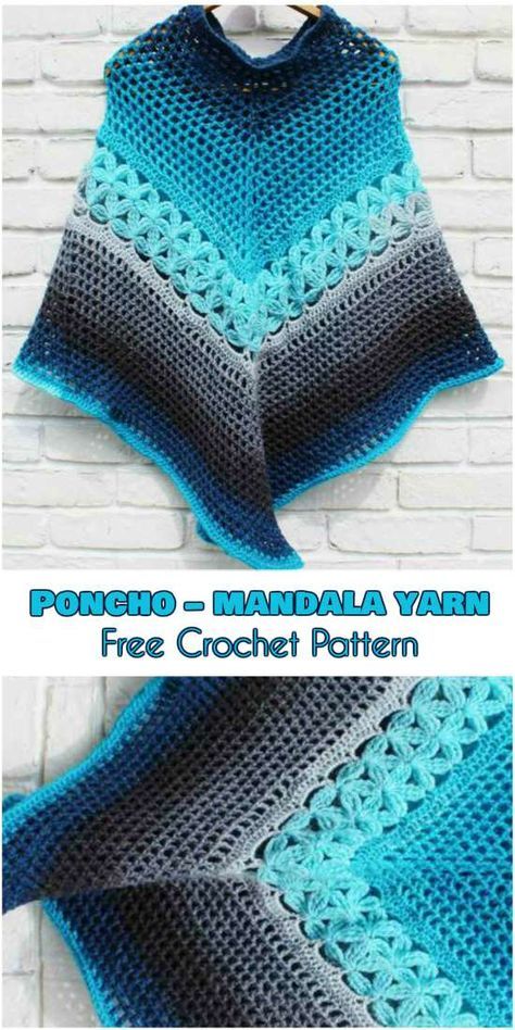 Poncho – Mandala Yarn - free crochet pattern Poncho Patterns, Mandala Yarn, Crochet Lace Shawl, Crochet Women, Crochet Poncho Free Pattern, Poncho Knitting Patterns, Shawl Crochet, Crochet Poncho Patterns, Poncho Pattern