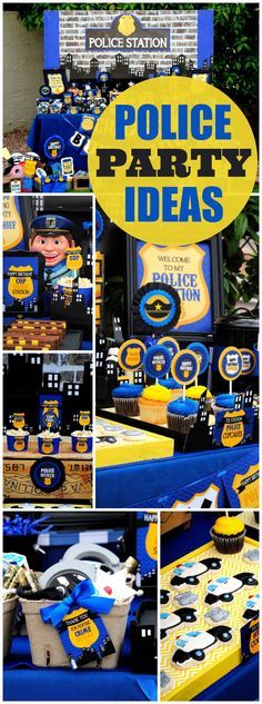 Such a fantastic policeman party in blue! See more party ideas at CatchMyParty.com!                                                                                                                                                                                 More Police Man Birthday Party, Police Birthday Party Ideas, Academy Graduation Party, Policeman Party, Police Officer Party, Police Themed Birthday Party, Police Academy Graduation Party, Police Theme Party, Cop Party