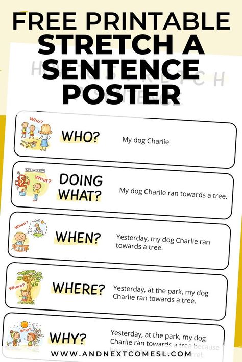 Help kids learn how to stretch a sentence using this free printable poster and blank graphic organizer worksheets that kids can fill in. #writing #homeschool #homeschooling #printables Stretching A Sentence Anchor Chart, Stretch The Sentence Writing Activities, Stretch Sentences Activities, Stretch A Sentence Activities, Stretching Sentences Activities, Stretch A Sentence Worksheet, Sentence Building Activities 3rd Grade, Sentence Stretching Worksheets, How To Stretch A Sentence